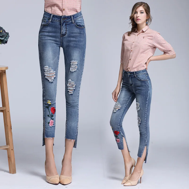 Летние женские ботильоны Длина Повседневное карандаш брюки Slim Fit разрез Джинсы