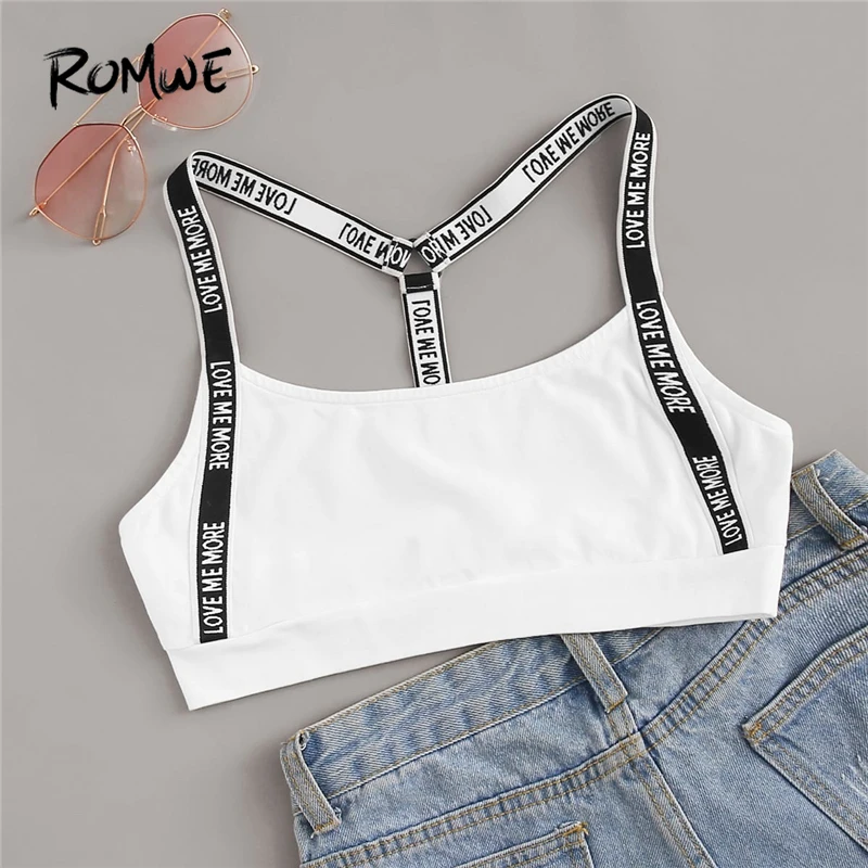 

ROMWE Y-Back Letter Strap Detail Bra 2019 White Active Wear Glamorous Sexy Camisole Stretchy Summer Fitness Women Crop Top