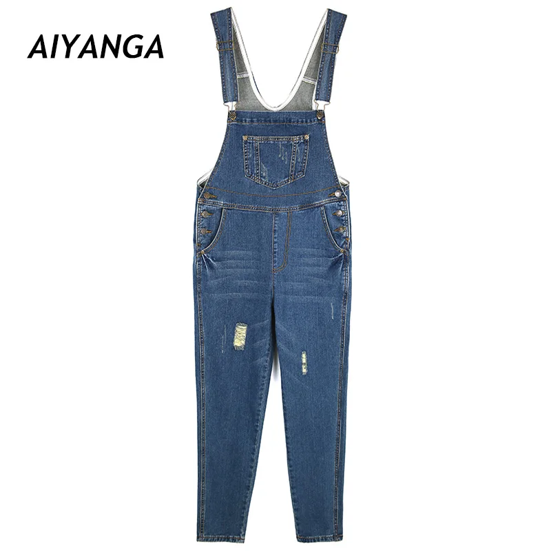 

Denim Jumpsuit Women Playsuit 2021 Korean Fashion Female Cotton Strap Jean Trousers Ripped Hole Loose Casual Jeans Overalls