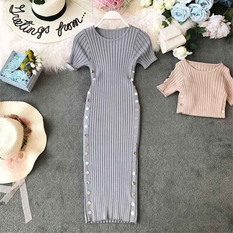 Summer Autumn Women Knitted Dress Sexy O Neck Slim Side Button Dress Female Short Sleeve Casual Knitting Dresses Vestidos SF1998
Summer Autumn Women Knitted Dress Sexy O Neck Slim Side Button Dress Female Short Sleeve Casual Knitting Dresses Vestidos SF1998