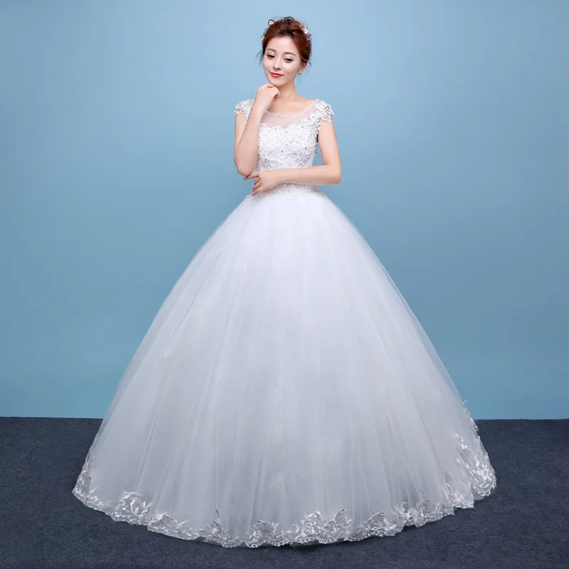 Тюль Аппликация Кружева Line Свадебные Платья Белый 2017 O шея Trouw Kledij Vestidos Де Novia