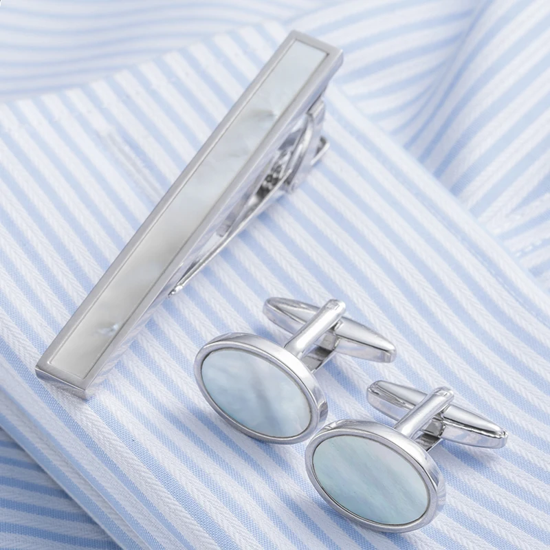 

Vagula New Style Fashion White Ellipse Pearl Cuff link&Tie Clip Set Round Silver- color Men's Cuff link French Shirt Cufflink 17