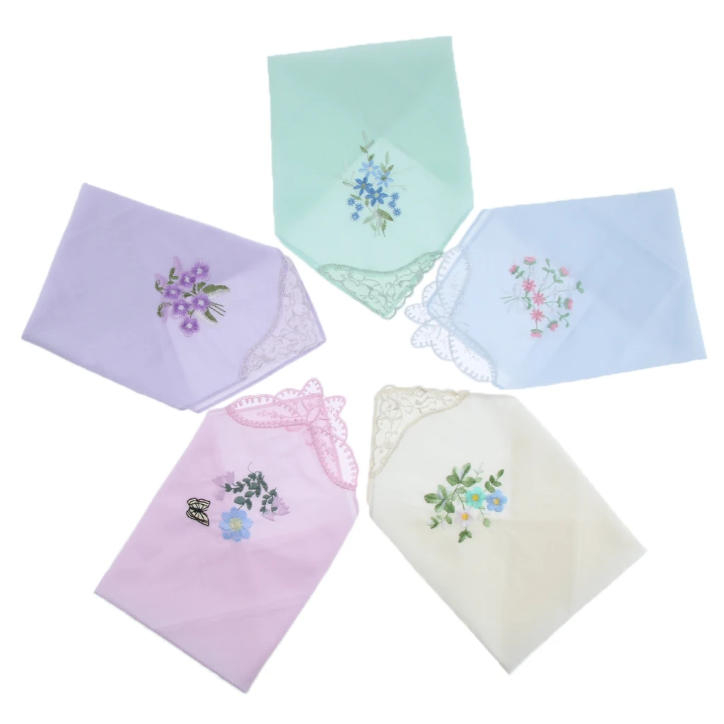 5 Pieces Women Ladies Cotton Handkerchiefs Floral Embroidered with Lace Edge 28 x 28cm