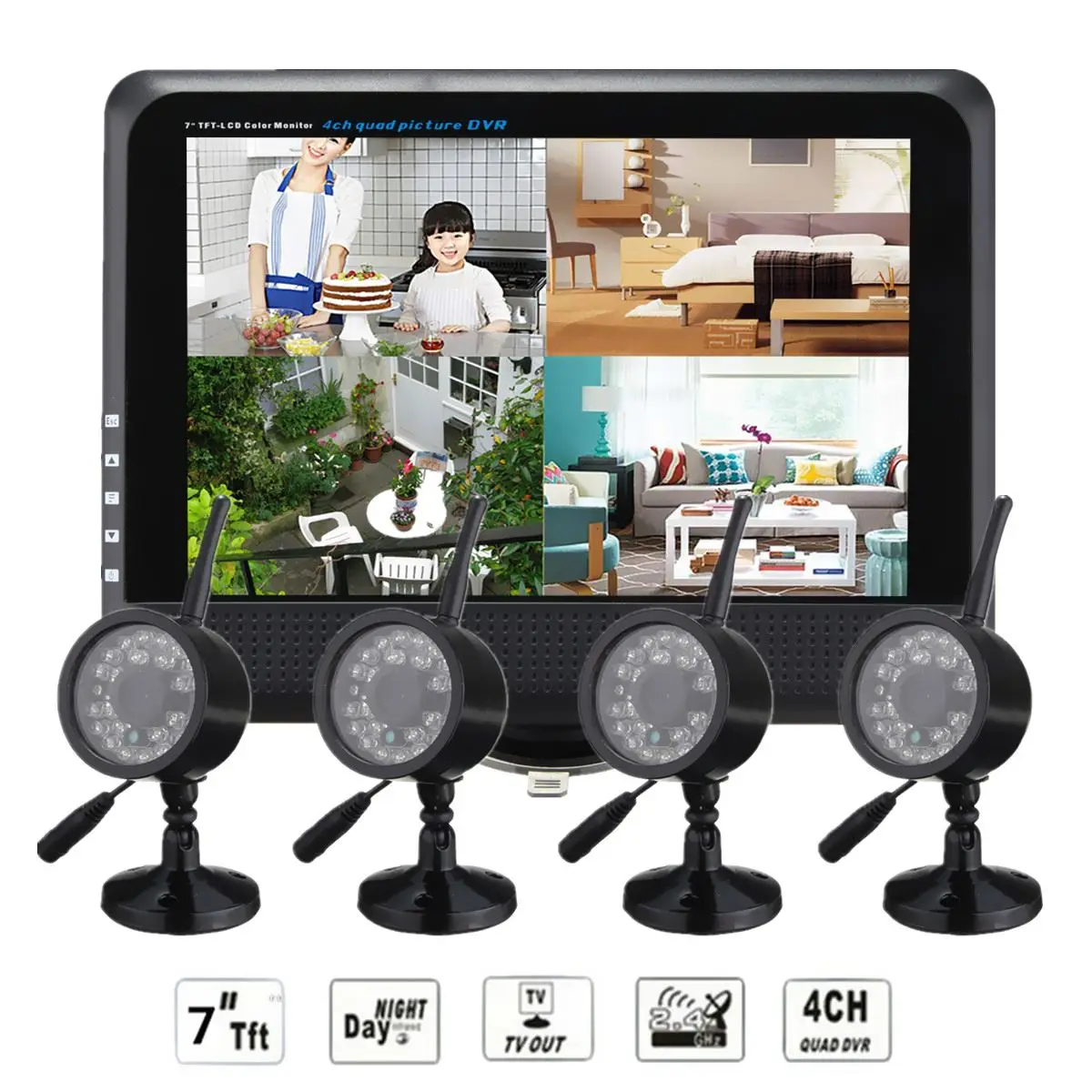7inch LCD Digital Wireless Monitor DVR CCTV Kit 4 Channel Quad Security System With 4 Cameras Baby monitor Record EU Plug
7inch LCD Digital Wireless Monitor DVR CCTV Kit 4 Channel Quad Security System With 4 Cameras Baby monitor Record EU Plug
