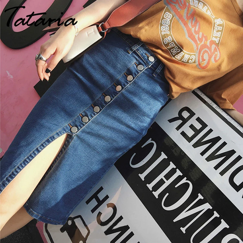Tataria Women High Waist Single Breasted Jeans Skirts Casual A-Line Knee Length Skirts Female Summer Streetwear Denim Skirts
Tataria Women High Waist Single Breasted Jeans Skirts Casual A-Line Knee Length Skirts Female Summer Streetwear Denim Skirts