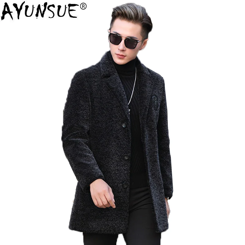 AYUNSUE натуральным мехом пальто Для мужчин стрижки овец осенне-зимняя одежда из