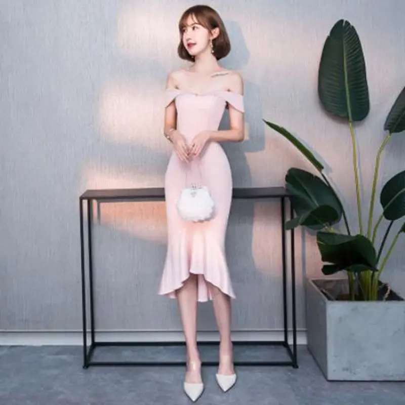 Sexy Lady Pink Off Shoulder Chinese Dress Elegant Fishtail Evening Party Gown Summer New Sleeveless Slim Vestidos De Festa | Тематическая
