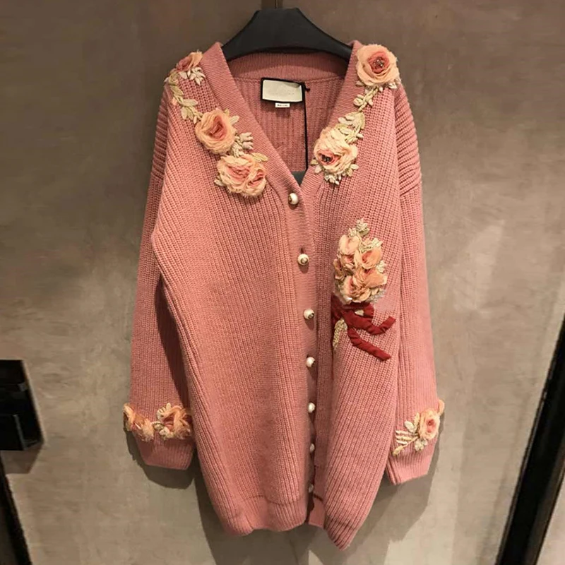 High Quality Knitted Cardigans Women V Neck Embroidery Flowers Beading Loose Long Sweater Pink
High Quality Knitted Cardigans Women V Neck Embroidery Flowers Beading Loose Long Sweater Pink