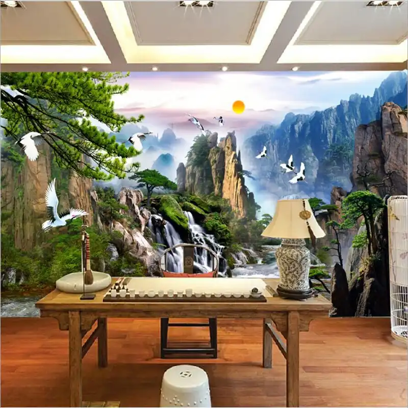 中国風の風景画壁壁画出山滝タンチョウカスタム 3d 写真壁紙リビングルーム 写真の壁紙 壁紙リビングルーム3d写真 Gooum