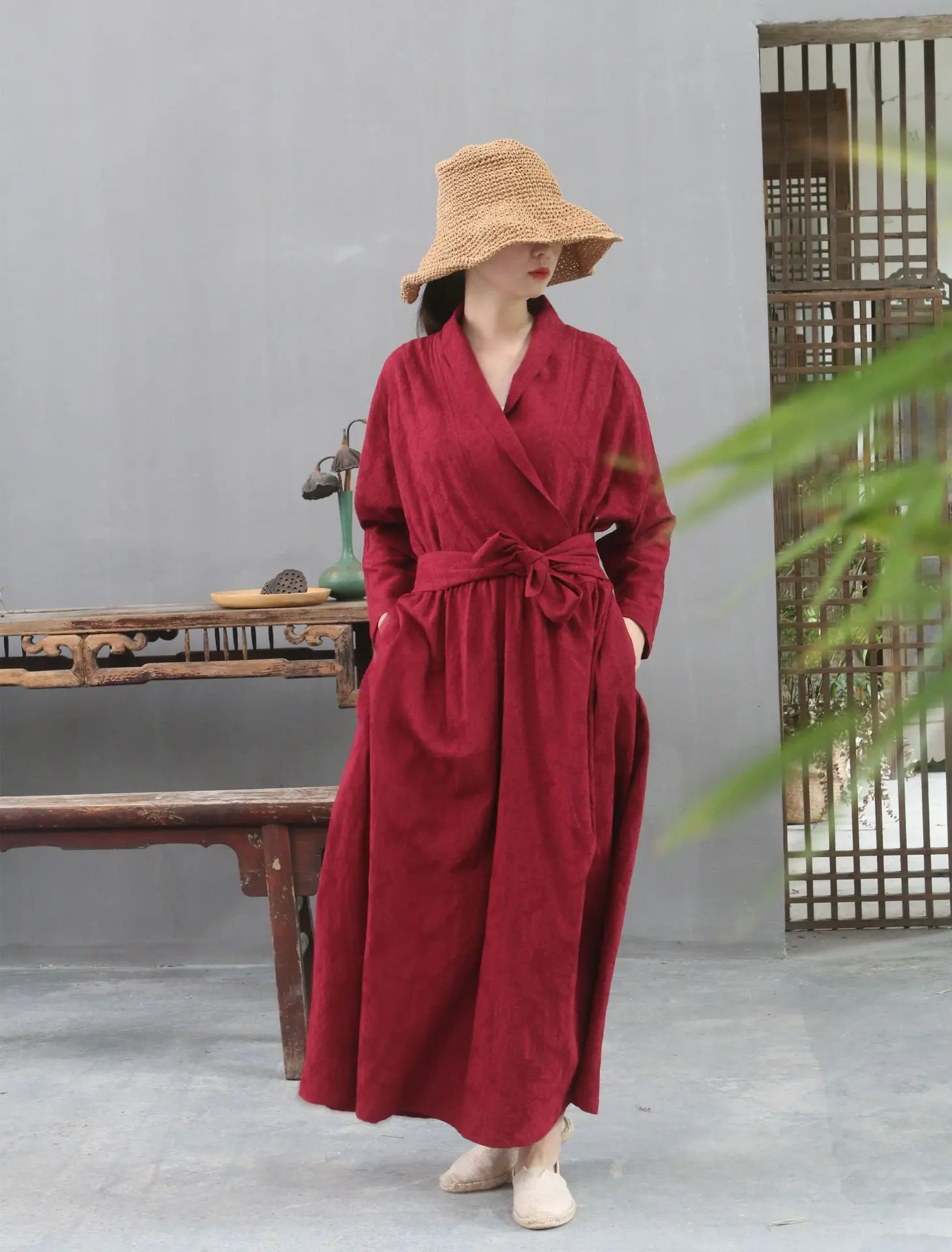 Spring and summer Dress Dull red Pure cotton Jacquard weave V -neck Sleeve head Loose On vacation Women dress autumn D938
Spring and summer Dress Dull red Pure cotton Jacquard weave V -neck Sleeve head Loose On vacation Women dress autumn D938