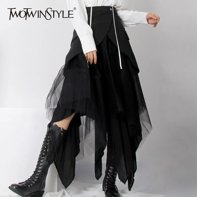 TWOTWINSTYLE Patchwork Mesh Asymmetrical Skirt Female High Waist Black Skirts Women Fashion Clothes 2019 Autumn New Plus Sizes
TWOTWINSTYLE Patchwork Mesh Asymmetrical Skirt Female High Waist Black Skirts Women Fashion Clothes 2019 Autumn New Plus Sizes