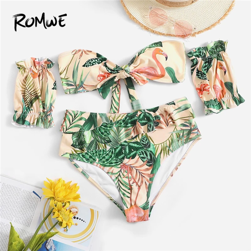 

Romwe Sport Ruffle Knot Wire Free Tropical Bandeau With High Waist Bottoms Bikinis Set With Cuff Women Summer Two-Pieces Suits