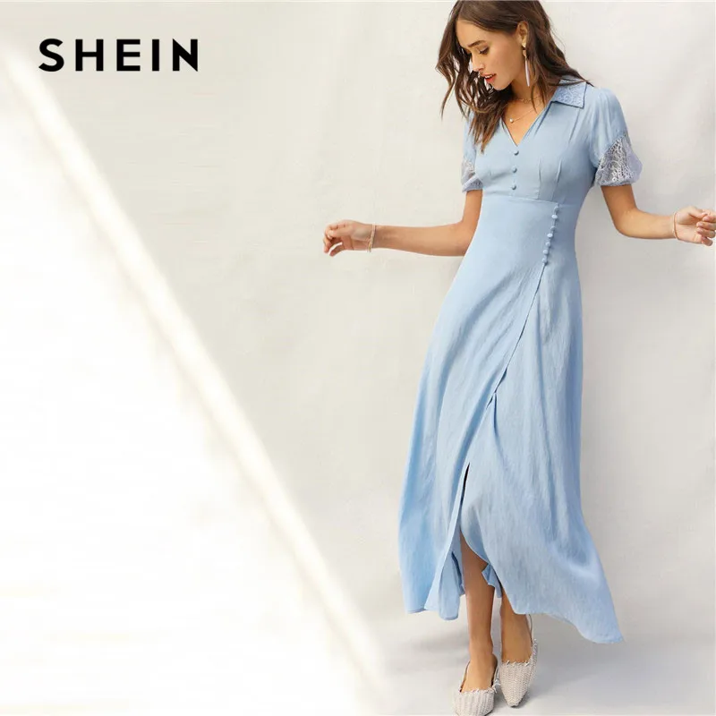 

SHEIN Pastel Blue Lace Insert Button Front Detail Split Hem Maxi Dress Summer V Neck High Waist Puff Sleeve Fit and Flare Dress