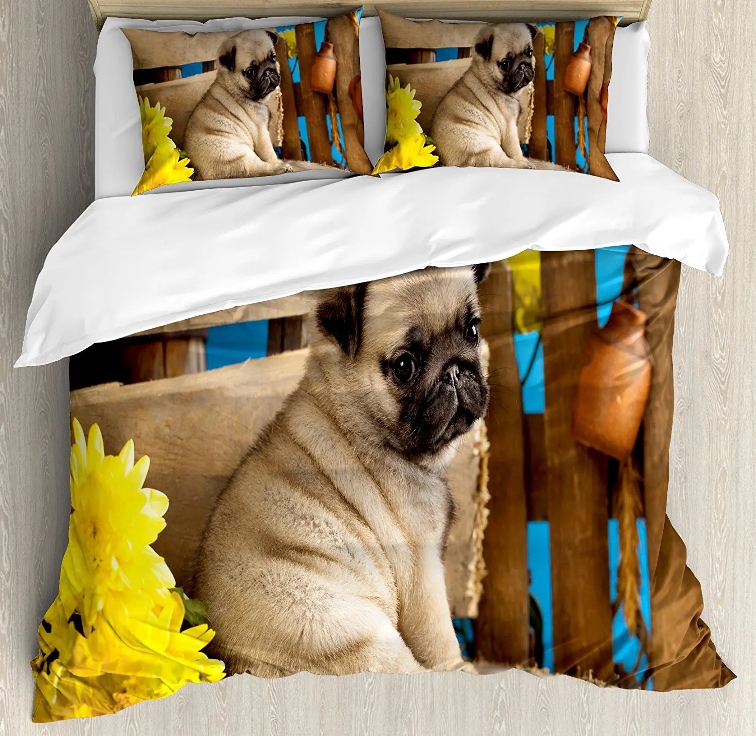 Pug Duvet Cover Set Adorable Puppy Photography with Sad Dog and Wildflowers on a Park Bench Decorative 4 Piece Bedding Set
Pug Duvet Cover Set Adorable Puppy Photography with Sad Dog and Wildflowers on a Park Bench Decorative 4 Piece Bedding Set