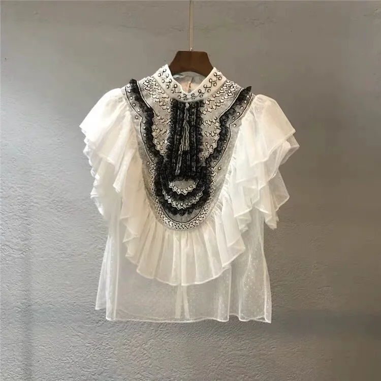 High quality embroidered mesh Shirts Women 2019 summer ruffles stand collar Shirts & Blouses A060
High quality embroidered mesh Shirts Women 2019 summer ruffles stand collar Shirts & Blouses A060