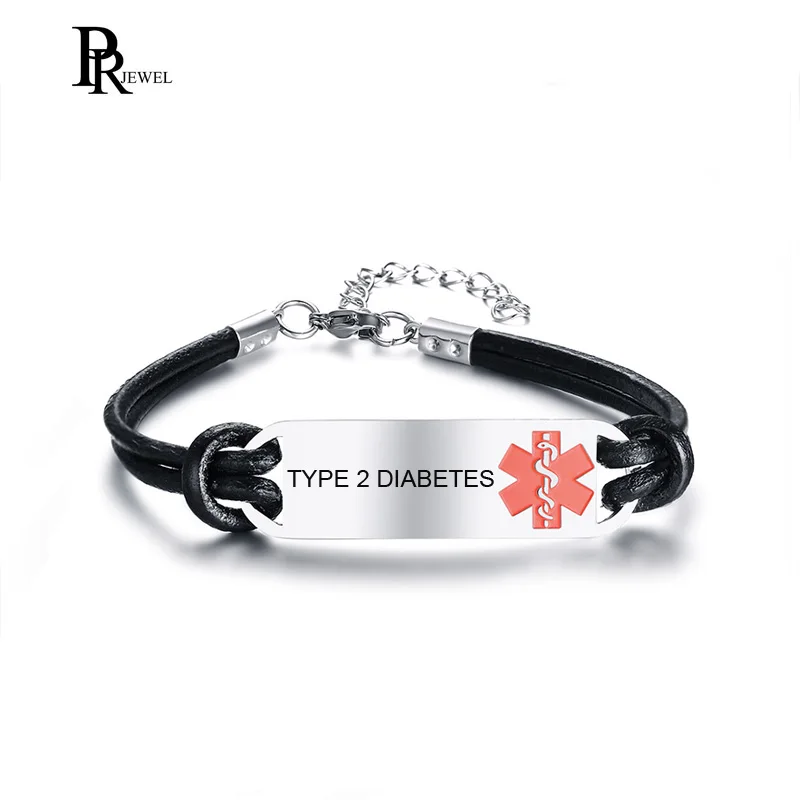 

TYPE 2 DIABETES Name Mens Womens Medical Alert ID Tag Braided Leather Bracelet Bangle Wristband DIY Engraving Free