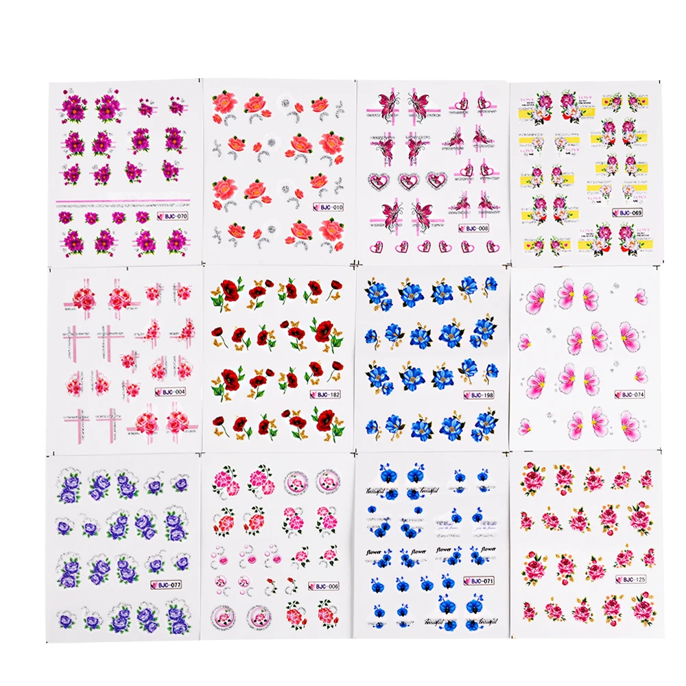 55pcs New Latest Nail Art Glitter Tips Flower Designs with Gold Powder Nail Art Sticker Decals Watermark DIY Manicur (8)
