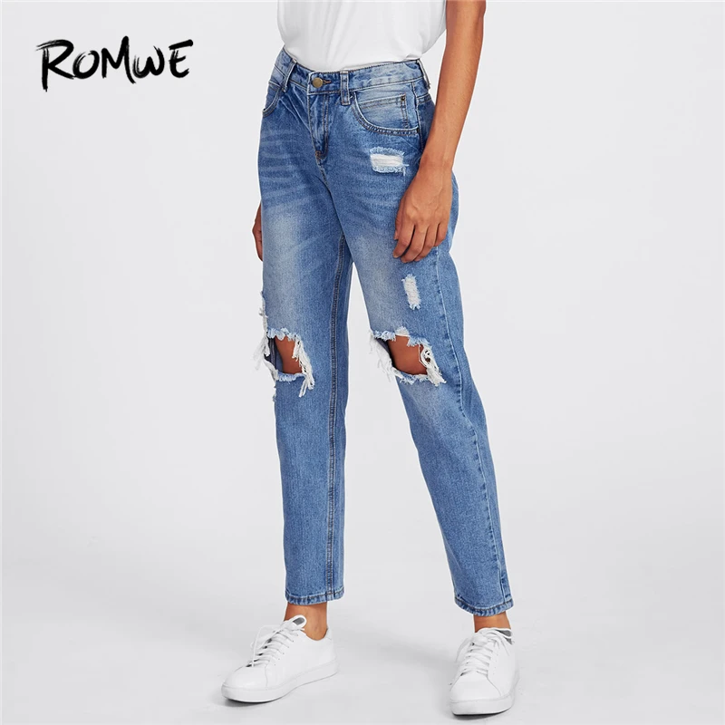 

ROMWE Blue Ripped Knees Loose Denim Jeans Women Casual Autumn Plain Pants Spring Summer Straight Leg Mid Waist Trousers