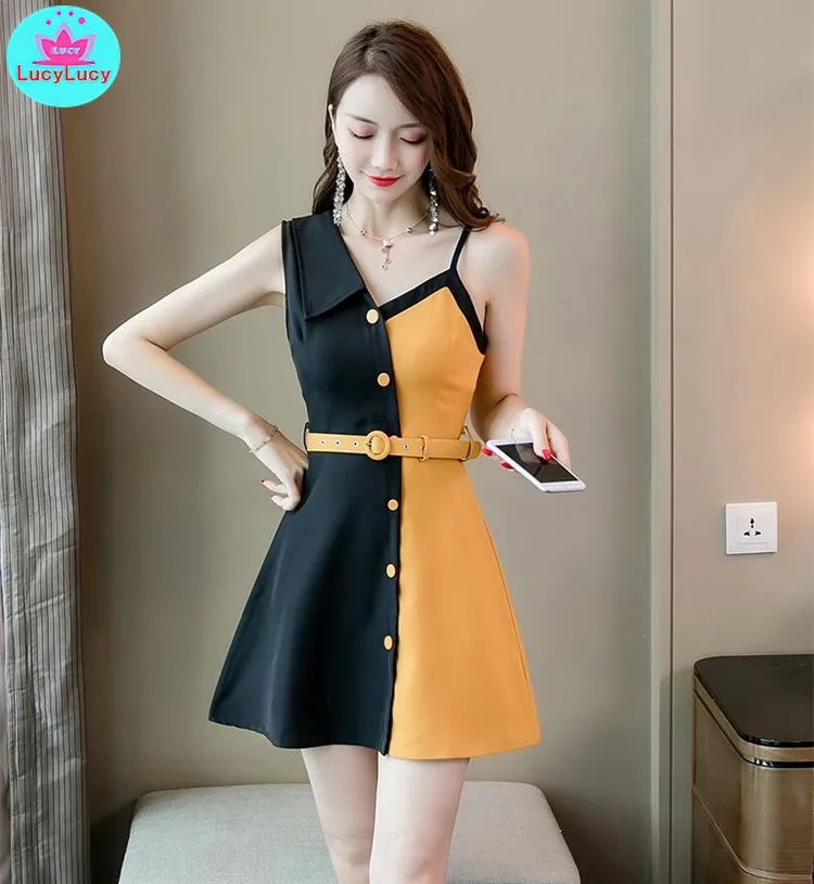 2019 summer women's dress new off-the-shoulder sexy single-breasted stitching color Slim A word strap dress Knee-Length
2019 summer women's dress new off-the-shoulder sexy single-breasted stitching color Slim A word strap dress Knee-Length