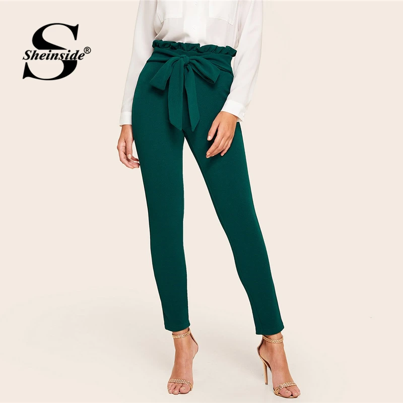 

Sheinside Paperbag Waist Solid Skinny Pants Women 2019 Spring High Waist Belted Crop Trousers Ladies Casual Elastic Waist Pants