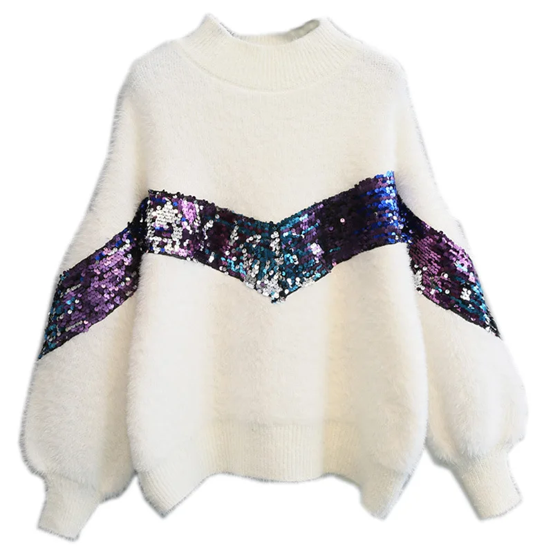 Women Faux Mohair Sweater Knitwear Fluffy Sequins Loose Knitted Pullover Jumper Blouse Casual Imitation Mink Cashmere Sweater NV
Women Faux Mohair Sweater Knitwear Fluffy Sequins Loose Knitted Pullover Jumper Blouse Casual Imitation Mink Cashmere Sweater NV