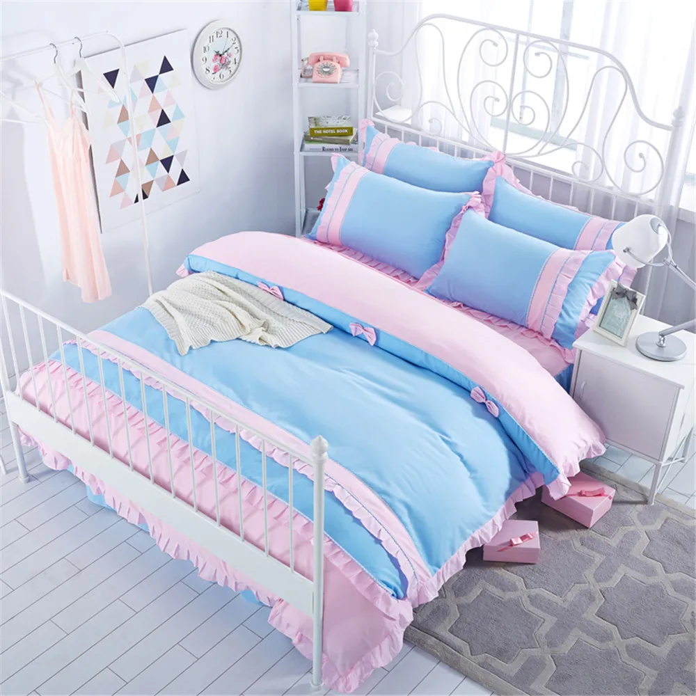 Korean Style Blue/Pink Princess Bedding Set Queen Twin Size 4pcs Girls/adult QuiltCover Ruffles Bedspread Bed skirt Home textile
Korean Style Blue/Pink Princess Bedding Set Queen Twin Size 4pcs Girls/adult QuiltCover Ruffles Bedspread Bed skirt Home textile