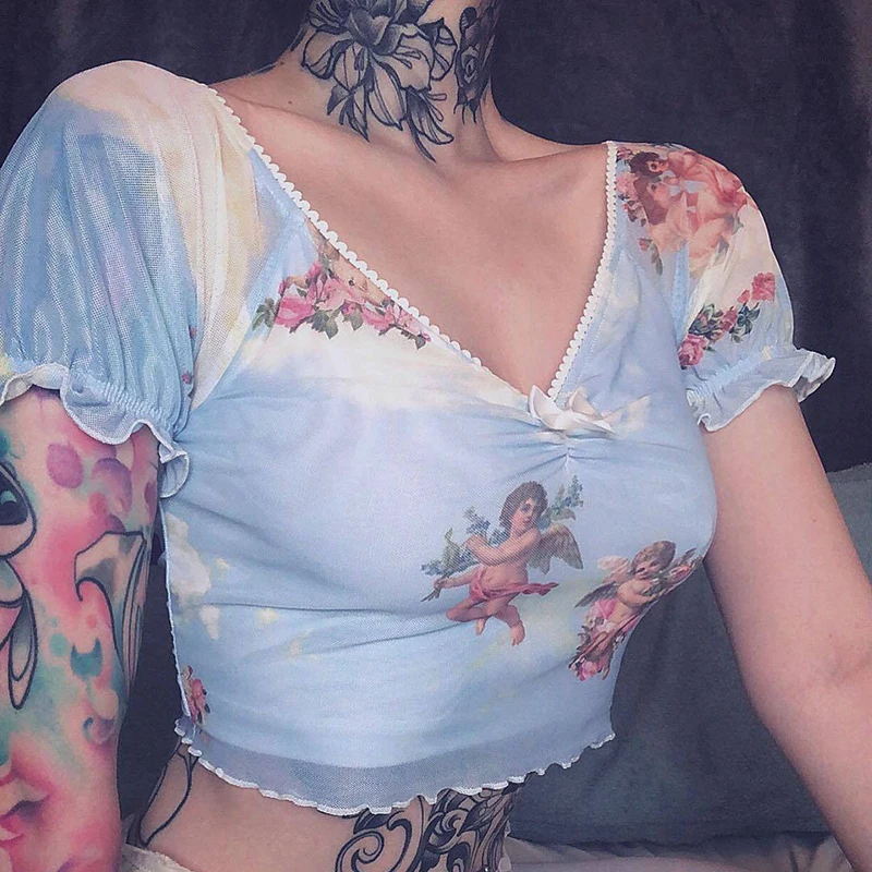 Aselnn 2019 Summer Women Angel Cupid Print Short Crop Tops Sweet V-neck Mesh Patchwork Tees Streetwear T Shirt Ruffle Clothes
Aselnn 2019 Summer Women Angel Cupid Print Short Crop Tops Sweet V-neck Mesh Patchwork Tees Streetwear T Shirt Ruffle Clothes