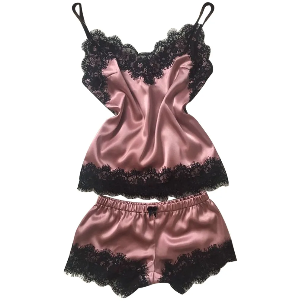 Women's Sleepwear Sexy Satin Pajama Set Black Lace V-Neck Pyjamas Sleeveless Cute Cami Top and Shorts pijama mujer algodon veran
Women's Sleepwear Sexy Satin Pajama Set Black Lace V-Neck Pyjamas Sleeveless Cute Cami Top and Shorts pijama mujer algodon veran