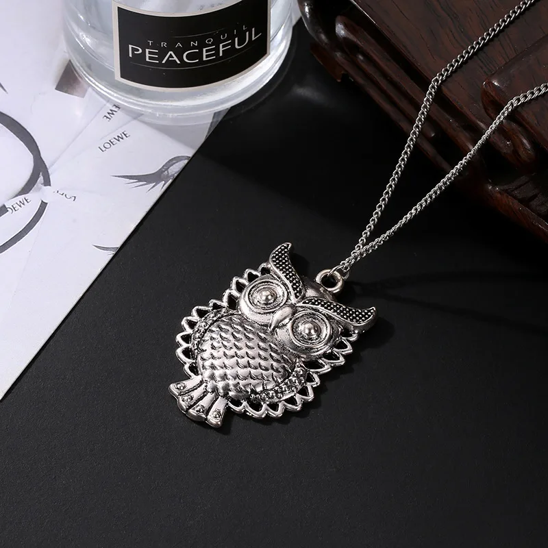 Vintage Vivid Carved Owl Cute Animals Pendant Long Thin Chain Ethnic Style Antique Silver Plated Necklaces For Women | Украшения и