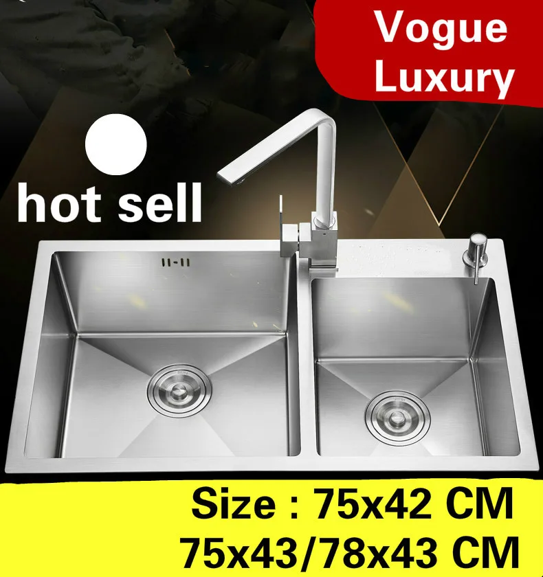 

Free shipping Apartment kitchen manual sink double groove deluxe 304 stainless steel luxury hot sell 750x420/750x430/780x430 MM