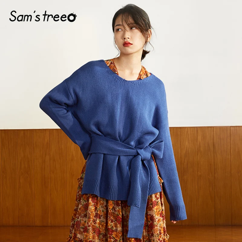 Samstree Blue Solid Pullovers Minimalist Style Sweater Women 2019 Winter Waist Belt Pure Knitted Drop Shoulder Female Sweaters
Samstree Blue Solid Pullovers Minimalist Style Sweater Women 2019 Winter Waist Belt Pure Knitted Drop Shoulder Female Sweaters