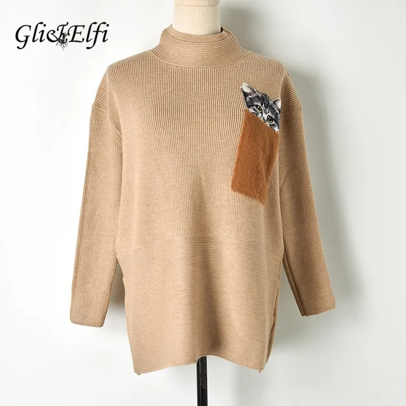 Women brown Sweater Cute cat patch 2019 Spring Winter Chest pocket Knitting Tops Jumper Turtleneck Long Sleeve black Pullovers
Women brown Sweater Cute cat patch 2019 Spring Winter Chest pocket Knitting Tops Jumper Turtleneck Long Sleeve black Pullovers