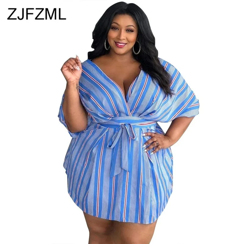 Striped Print Summer Plus Size Dress For Women Deep V Neck Half Sleeve Bandage Dresses Casual High Waist Sashes Mini Robe Femme
Striped Print Summer Plus Size Dress For Women Deep V Neck Half Sleeve Bandage Dresses Casual High Waist Sashes Mini Robe Femme