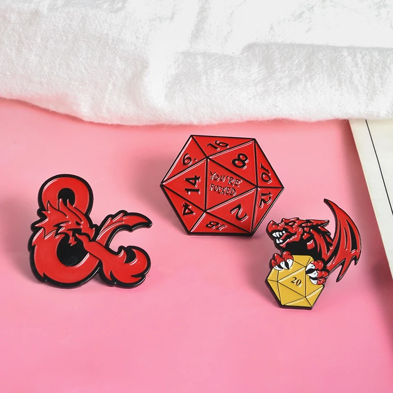 Dragon and dungeon Game Pins Red Dragon Game logo Lapel Pin Badge Polygon Red Gold silver Dice enamel Brooches Shirt bag Jewelry
Dragon and dungeon Game Pins Red Dragon Game logo Lapel Pin Badge Polygon Red Gold silver Dice enamel Brooches Shirt bag Jewelry