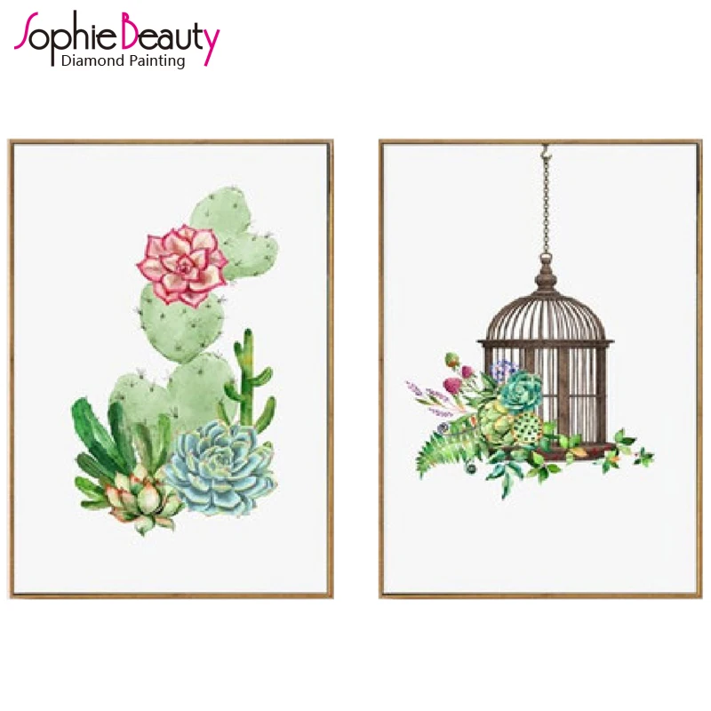 Sophie Beauty diy diamond painting cross stitch mosaic kit handcraft embroidery Green cactus flower bird cage multi picture arts | Дом и сад