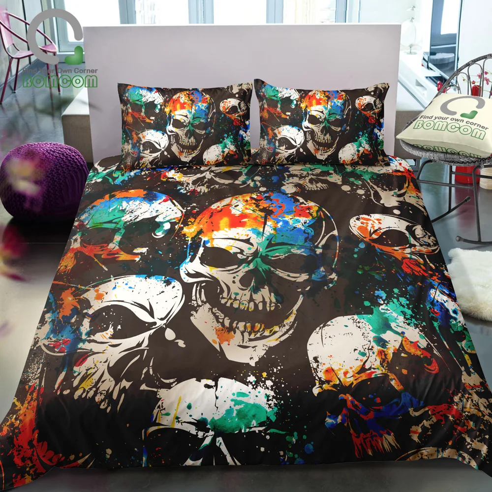 

BOMCOM 3D Digital Printing Skull Bedding Horror Skulls Colorful Grunge Pattern with Skulls Duvet Cover S 100% Microfiber