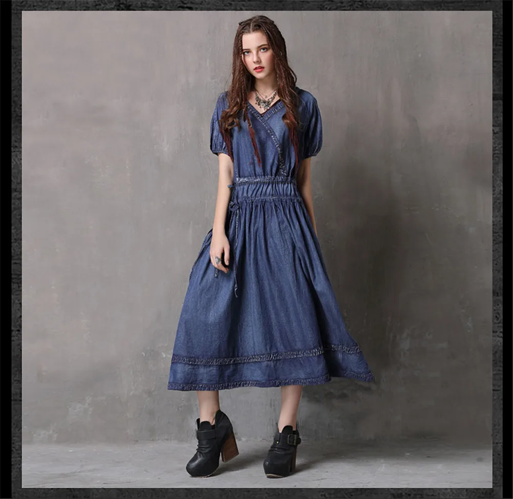 Vintage Adjustable Waist Summer Dress 2018 New Denim Women V-Neck Dresses Hollow out Lantern Sleeve Swing Hem Vestidos (13)