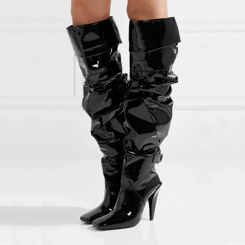 Patent Leather Pleated Women Full Boots Black Knee High Long Boots Patchwork Design Square Toe Autumn Winter Ladies Shoes 
Patent Leather Pleated Women Full Boots Black Knee High Long Boots Patchwork Design Square Toe Autumn Winter Ladies Shoes
