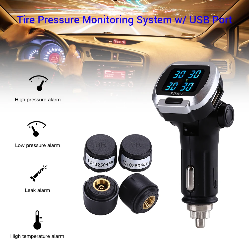 LCD TPMS Tire Pressure Alarm Monitoring System 12V Digital Tire Pressure Alarm External Sensor With USB Port Cigarette Lighter
LCD TPMS Tire Pressure Alarm Monitoring System 12V Digital Tire Pressure Alarm External Sensor With USB Port Cigarette Lighter