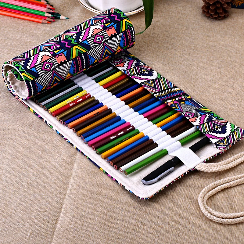National Canvas School Pencil Case 36/48/72 Holes Roll Up Pencil Bag Portable Pencil Box School Supplies material escolar(China (Mainland))