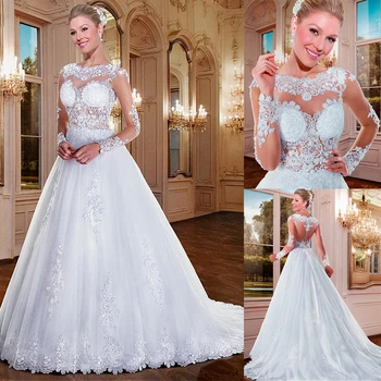 Alluring Tulle Bateau Neckline See-through A-line Wedding Dresses With Beaded Lace Appliques Long Sleeves Bridal Gowns
Alluring Tulle Bateau Neckline See-through A-line Wedding Dresses With Beaded Lace Appliques Long Sleeves Bridal Gowns