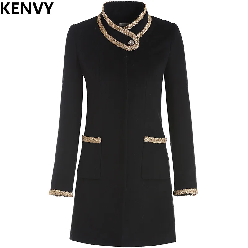 KENVY Brand Fashion Women's High-end Luxury Winter elegant British long black Wool Coat
KENVY Brand Fashion Women's High-end Luxury Winter elegant British long black Wool Coat
