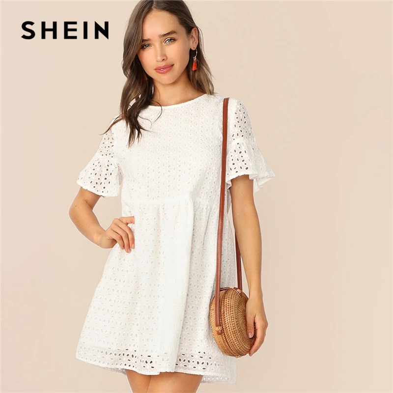 

SHEIN Boho Flounce Short Sleeve Solid Schiffy Straight Summer Lace Dress Women Elegant O-Neck Tunic Shift Cute Dresses