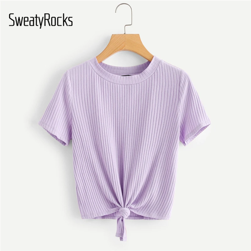 

SweatyRocks Knot Front Solid Ribbed Tee Purple Short Sleeve Round Neck Stretchy Tops Women Summer Asymmetrical Casual T-shirt