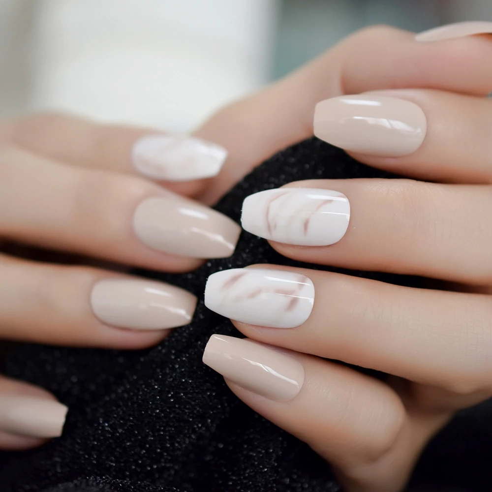 Nude Ballerina Fake Nails Marble White Natural Tips Medium Size Coffin Shape False Ballet Fingernails