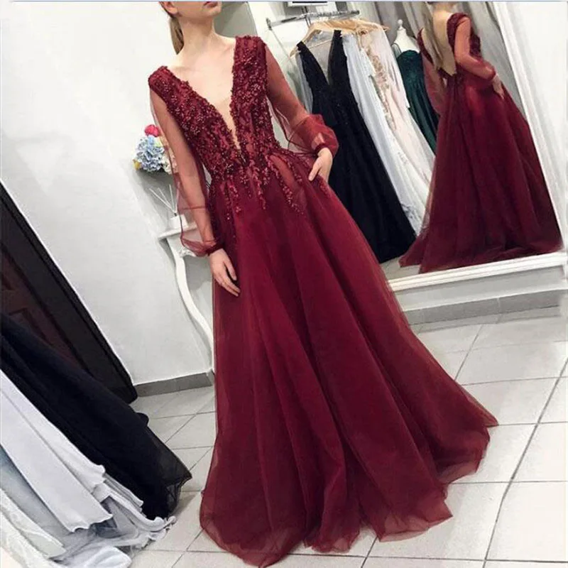 Women Burgundy Long Sleeve Evening Gowns Sexy Backless Long Formal Prom Gown Beaded Applique Tulle A line Evening Party Dresses
Women Burgundy Long Sleeve Evening Gowns Sexy Backless Long Formal Prom Gown Beaded Applique Tulle A line Evening Party Dresses