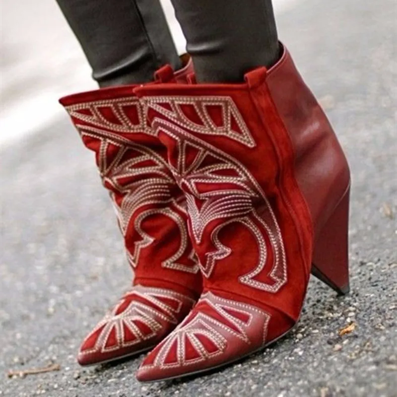 Real Suede Ankle Boots Embroidered Lady Spike High Heels Shoe Cowboy Classic Fashion Women Slip-on Pointed Toe Ankle Booties
Real Suede Ankle Boots Embroidered Lady Spike High Heels Shoe Cowboy Classic Fashion Women Slip-on Pointed Toe Ankle Booties