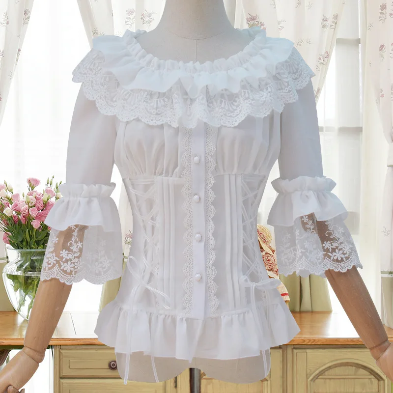 2018 Summer Lolita Blouse Women Sweet Flare Sleeve Lace Riibbon Blouses White Ruffle Pearl Button Top Shirt Blouse T694
2018 Summer Lolita Blouse Women Sweet Flare Sleeve Lace Riibbon Blouses White Ruffle Pearl Button Top Shirt Blouse T694