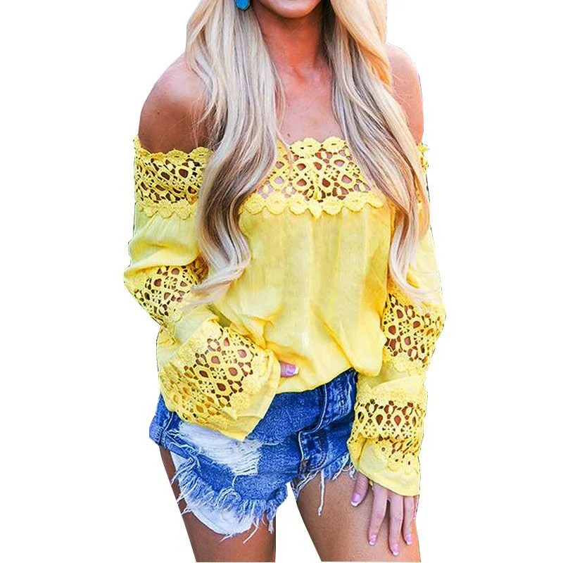 Spring Autumn Tshirt Loose Clothes Yellow White Blue Long Sleeve Tops Sexy Slash Neck Off Shoulder T Shirt Lace Hollow Out Tees
Spring Autumn Tshirt Loose Clothes Yellow White Blue Long Sleeve Tops Sexy Slash Neck Off Shoulder T Shirt Lace Hollow Out Tees