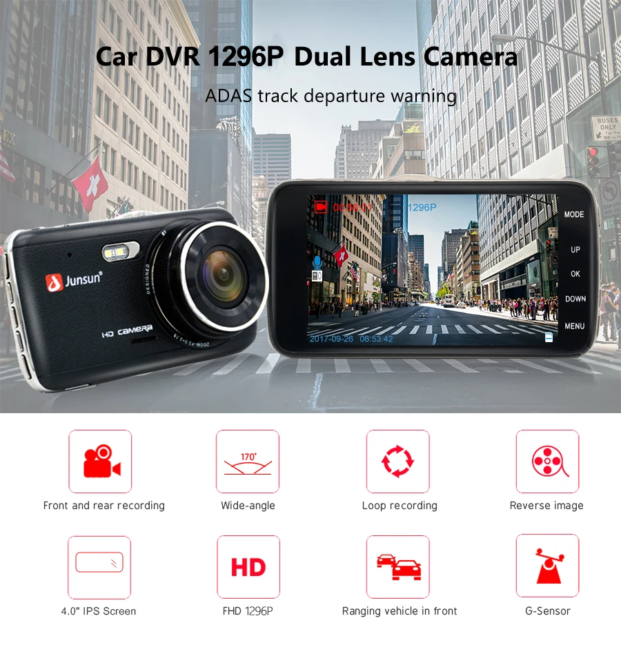 Junsun 1296P ADAS Car DVR Camera Dual Lens IPS 4 Inch Full HD Video Registrator Night Vision Car Recorder DVRs Dash Cam